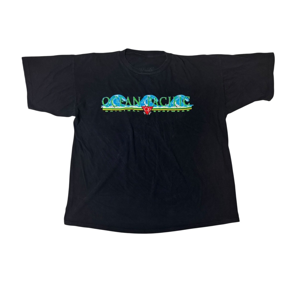 Vintage Ocean Pacific Mens Black Graphic T-Shirt Short Sleeve Surf Logo 2XL - Picture 1 of 9